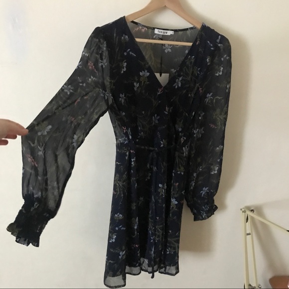 Navy Floral Wrap Dress, Sheer Back and Sleeves - Picture 1 of 4